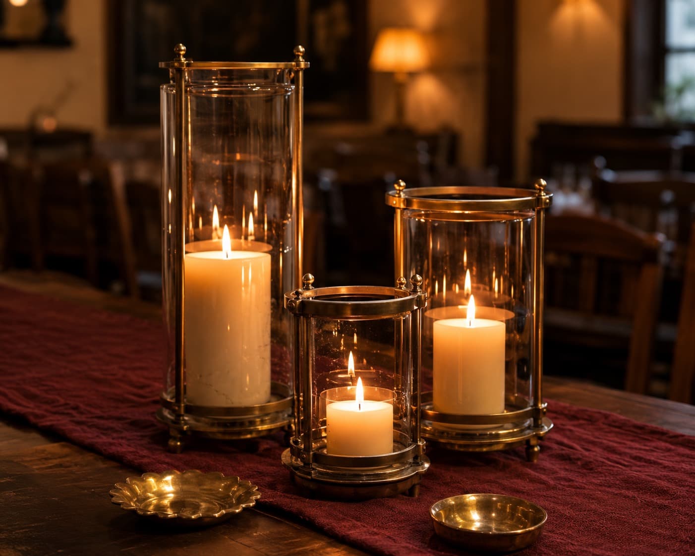 Enclosed candle lanterns reflecting across burgundy linen and brass