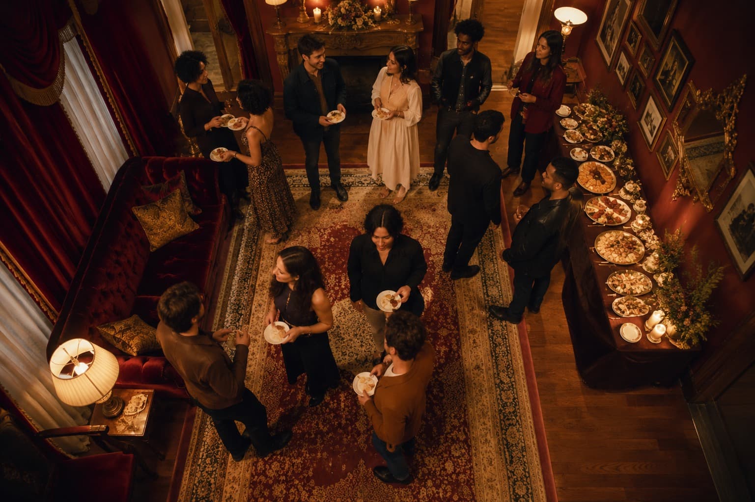 Compact flat party layout with a wall-side buffet and open conversation circle