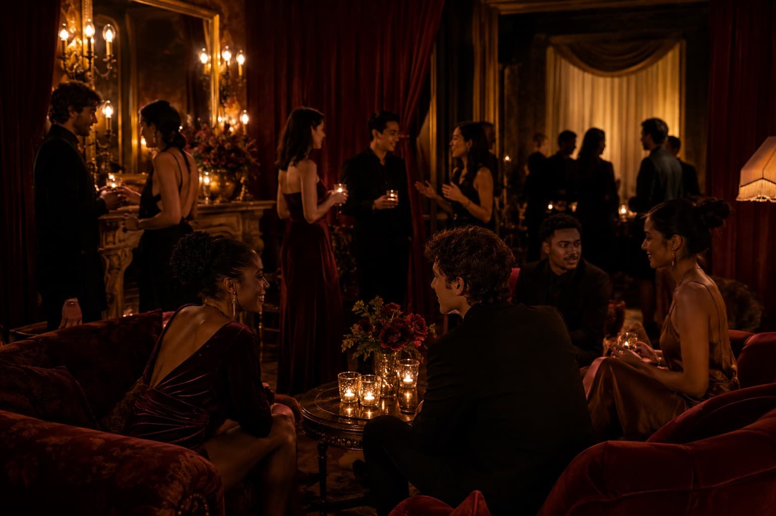 Warm evening interior with layered amber light and guests in soft silhouette